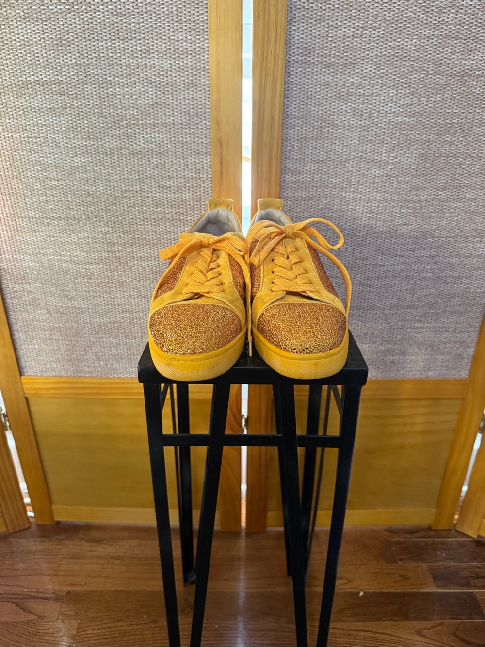 Louboutin Yellow Suede and Strass Lace-Up Sneakers